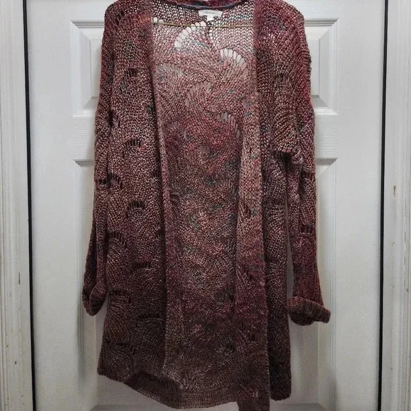Maurices Burgundy Cardigan Sweater XS Colorful Wave Stitch Open Front X Small - Picture 2 of 10